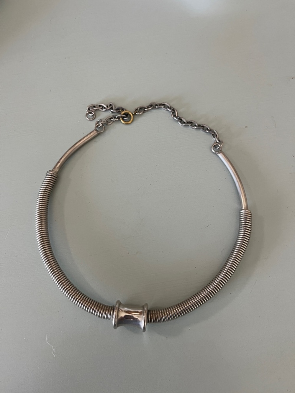 Silver-Tone Coil Choker Necklace with Central Bead